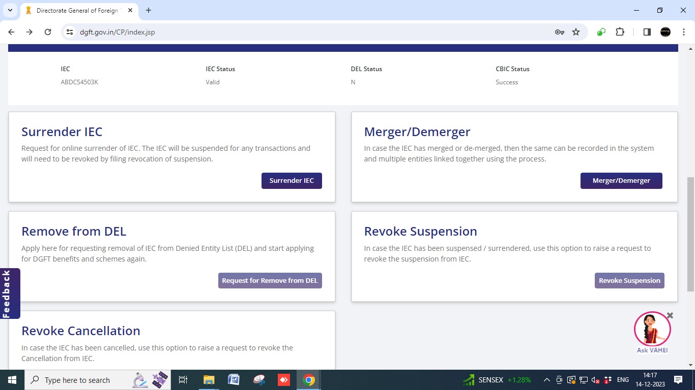 Explore the options on the page related to IEC prerequisites and processes. Scroll down until you find the 'Surrender IEC' option.